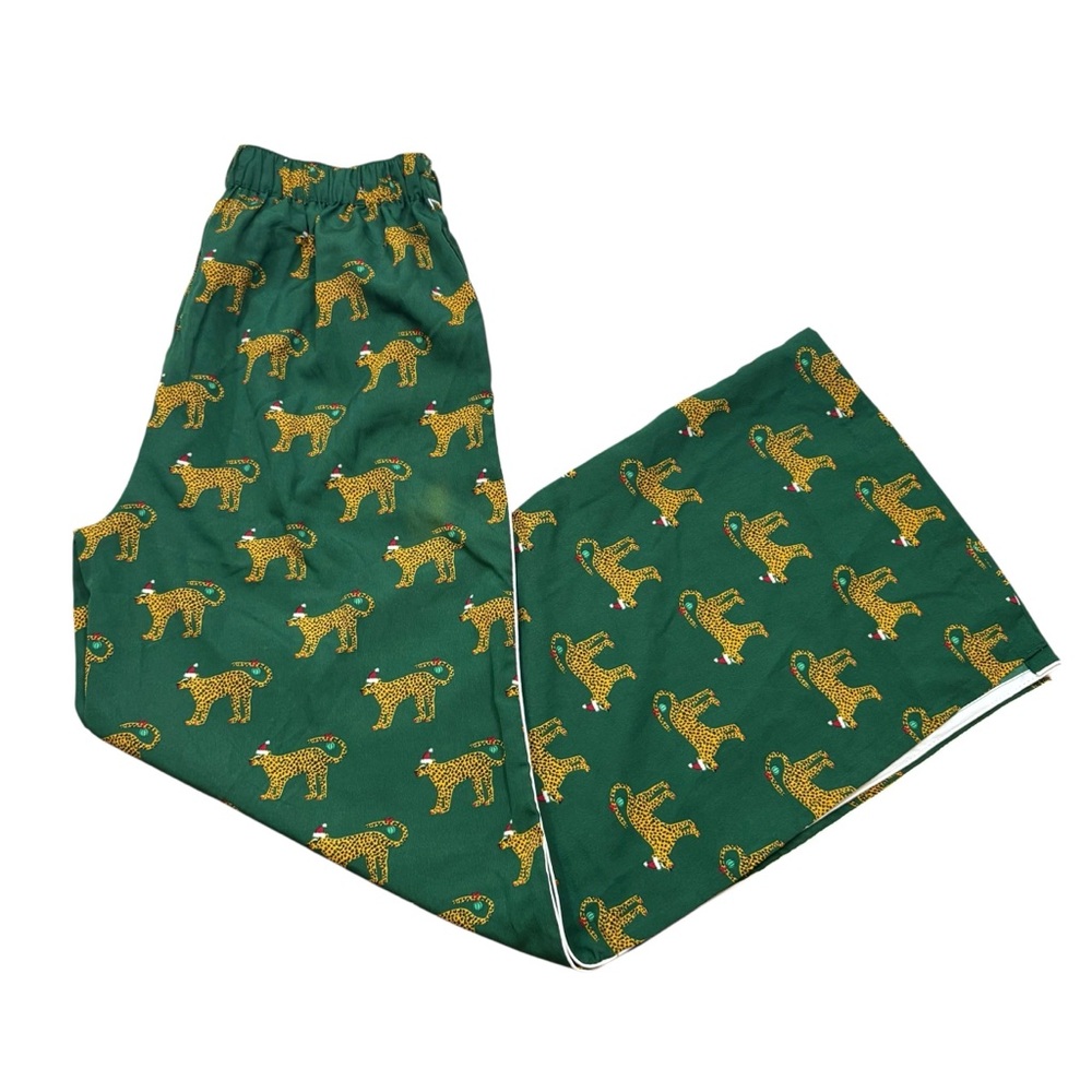 Bouffants & Broken‎ Hearts Green Satin Cheeta Pajama Pants Christmas Small